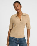 Express Women's Pointelle Short Sleeve Johnny Collar Sweater Polo in Tan