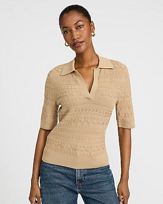Express Women's Pointelle Short Sleeve Johnny Collar Sweater Polo in Tan