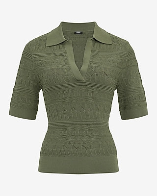 Express Women's Pointelle Short Sleeve Johnny Collar Sweater Polo in Green Small