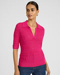 Express Women's Pointelle Short Sleeve Johnny Collar Sweater Polo in Pink Small