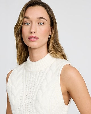 Express Women's Cable Knit Mock Neck Sweater Tank Top in Ivory