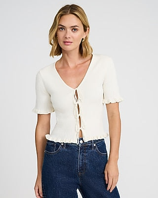 Express Women's Tie Front Cutout Short Sleeve Sweater in Ivory