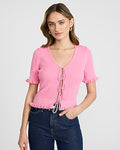 Express Women's Tie Front Cutout Short Sleeve Sweater in Pink Small