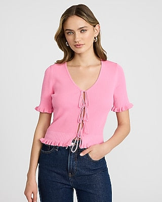 Express Women's Tie Front Cutout Short Sleeve Sweater in Pink Small