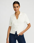 Express Women's Cotton Collared V-Neck Bow Front Short Sleeve Sweater in Ivory