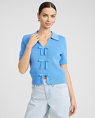 Express Women's Cotton Collared V-Neck Bow Front Short Sleeve Sweater in Blue Small