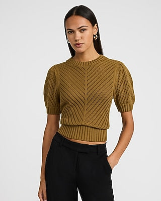 Express Women's Cotton Open Stitch Crew Neck Short Sleeve Sweater in Brown Small