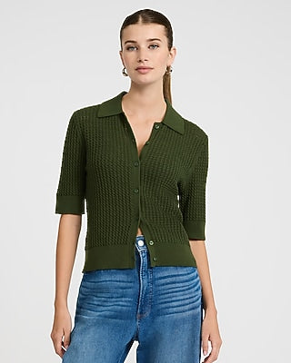 Express Women's Pointelle Cable Knit Short Sleeve Sweater Polo in Green Small