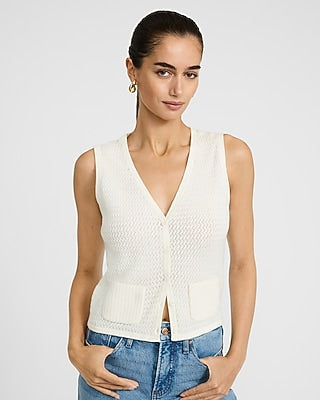 Express Women's Open Stitch V-Neck Button Front Sweater Vest in White Small