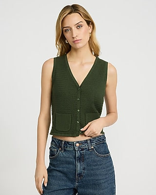 Express Women's Open Stitch V-Neck Button Front Sweater Vest in Fern