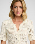 Express Women's Open Stitch Crochet Short Sleeve Sweater Polo in White