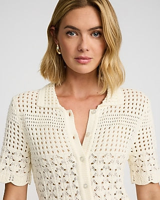 Express Women's Open Stitch Crochet Short Sleeve Sweater Polo in White