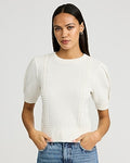 Express Women's Cotton Textured Crew Neck Puff Sleeve Sweater in White Small