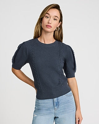 Express Women's Cotton Textured Crew Neck Puff Sleeve Sweater in Blue Steel