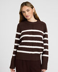 Express Women's Plush Airy Soft Striped Crew Neck Wide Sleeve Sweater in Brown Small
