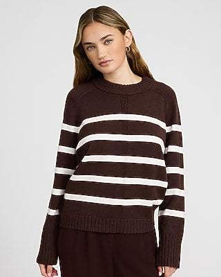 Express Women's Plush Airy Soft Striped Crew Neck Wide Sleeve Sweater in Brown Small