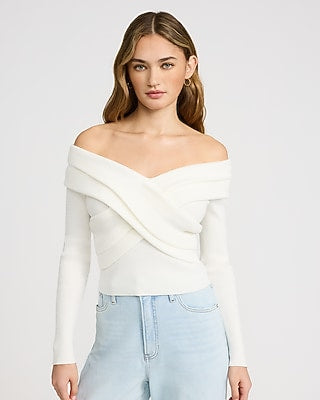 Express Women's Off The Shoulder Crossover Front Sweater in Ivory