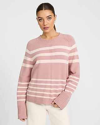 Express Women's Plush Airy Soft Striped Crew Neck Wide Sleeve Sweater in Soft Pink