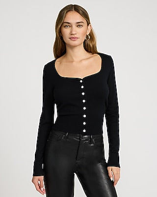 Express Women's Airy Soft Skimming Sweetheart Neckline Cardigan in Pitch Black