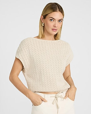 Express Women's Cotton Textured Open Stitch Dolman Sweater in White Small
