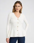 Express Women's Airy Soft V-Neck Novelty Button Peplum Cardigan in White Small