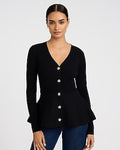 Express Women's Airy Soft V-Neck Novelty Button Peplum Cardigan in Black Small