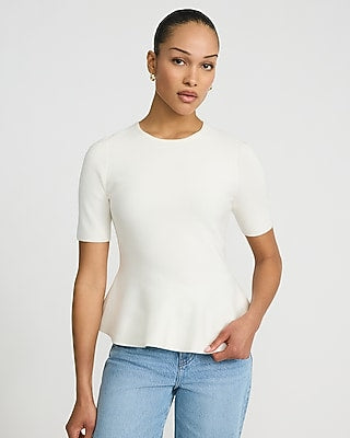 Express Women's Airy Soft Crew Neck Short Sleeve Peplum Sweater in White Small