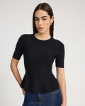 Express Women's Airy Soft Crew Neck Short Sleeve Peplum Sweater in Pitch Black