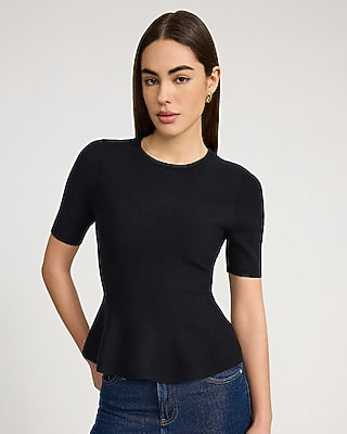 Express Women's Airy Soft Crew Neck Short Sleeve Peplum Sweater in Pitch Black