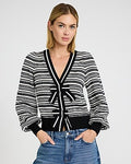 Express Women's Striped V-Neck Long Sleeve Bow Cardigan in Black And White Stripe
