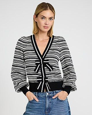 Express Women's Striped V-Neck Long Sleeve Bow Cardigan in Black And White Stripe