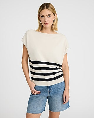 Express Women's Striped Boat Neck Short Sleeve Dolman Sweater in Neutral Small