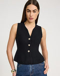 Express Women's Airy Soft V-Neck Novelty Button Peplum Sweater Vest in Black Small