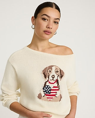 Express Women's American Flag Dog Long Sleeve Sweater in Red Small