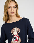 Express Women's American Flag Dog Long Sleeve Sweater Small