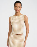 Express Women's Gingham Boat Neck Crop Sweater Top in Brown Small