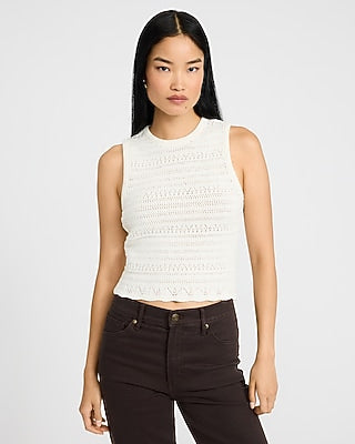 Express Women's Pointelle Fitted Crew Neck Scalloped Sweater Tank Top in White Small
