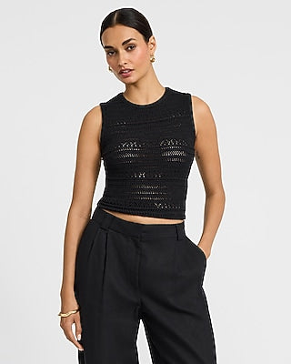 Express Women's Pointelle Fitted Crew Neck Scalloped Sweater Tank Top in Black Small