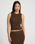 Express Women's Pointelle Fitted Crew Neck Scalloped Sweater Tank Top in Chestnut Brown