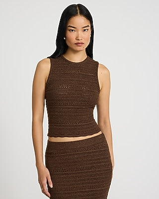 Express Women's Pointelle Fitted Crew Neck Scalloped Sweater Tank Top in Chestnut Brown
