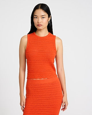 Express Women's Pointelle Fitted Crew Neck Scalloped Sweater Tank Top in Orange Small