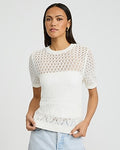 Express Women's Cotton Open Stitch Crew Neck Sweater T-Shirt in Ivory
