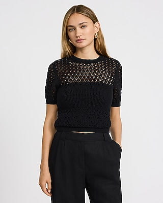 Express Women's Cotton Open Stitch Crew Neck Sweater T-Shirt in Black Small