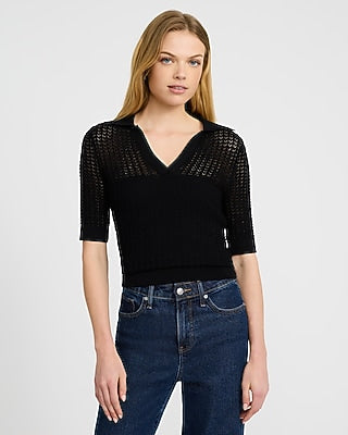 Express Women's Open Stitch Collared Short Sleeve Sweater Polo in Black Small