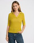 Express Women's Open Stitch Collared Short Sleeve Sweater Polo in Yellow Small
