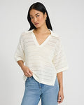 Express Women's Cotton Open Stitch V-Neck Collared Sweater Polo in White Small