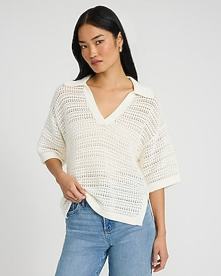 Express Women's Cotton Open Stitch V-Neck Collared Sweater Polo in White Small