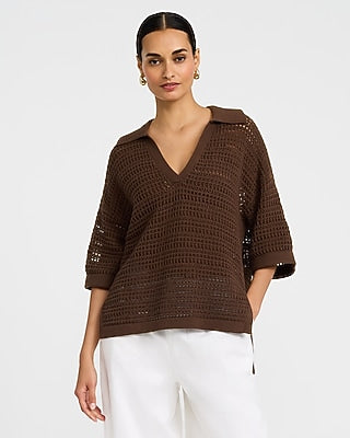 Express Women's Cotton Open Stitch V-Neck Collared Sweater Polo in Brown Small