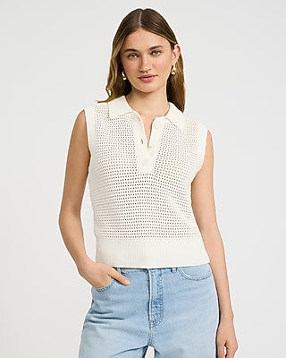 Express Women's Open Stitch Crochet Crew Neck Sleeveless Sweater Polo in White Small