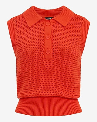 Express Women's Open Stitch Crochet Crew Neck Sleeveless Sweater Polo in Orange Small